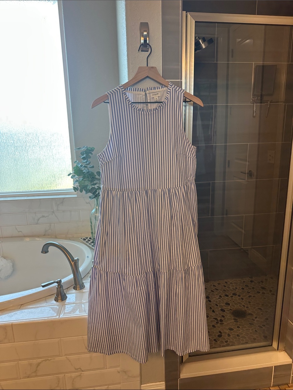 J.Crew Blue White Striped Tiered Midi Dress Size 8 Sleeveless Cotton